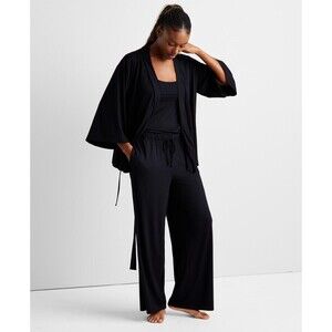 State Of Day Pajama Set Womens L Black 3 Piece Kimono Cami Pants Soft Lounge